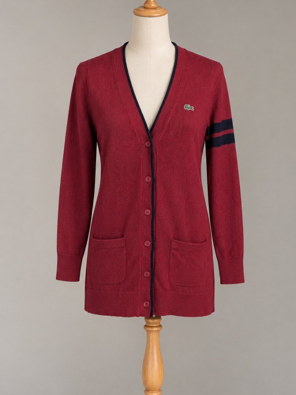 Lacoste Dark Red Long Cardigan Navy Trim Sporty Striped Sleeve